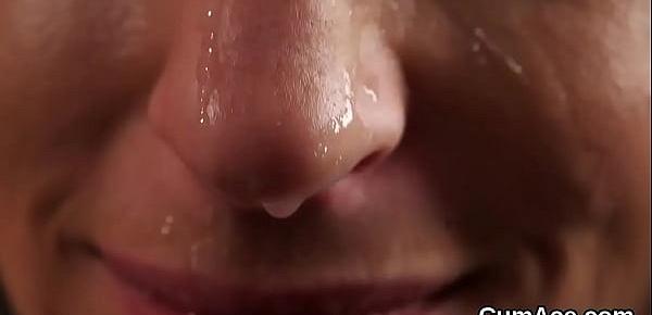  Feisty idol gets cum load on her face sucking all the jizz